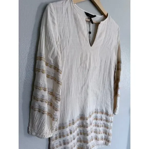 BCBGMAXAZRIA bcbg cream beige silver gold zigzag embroidered cotton tunic dress - Picture 7 of 8